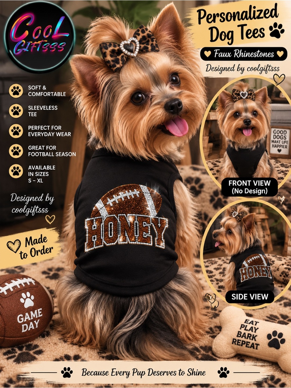 Personalized Dog Football Tees Pet Name Faux Rhinestone Shirt S M L XL